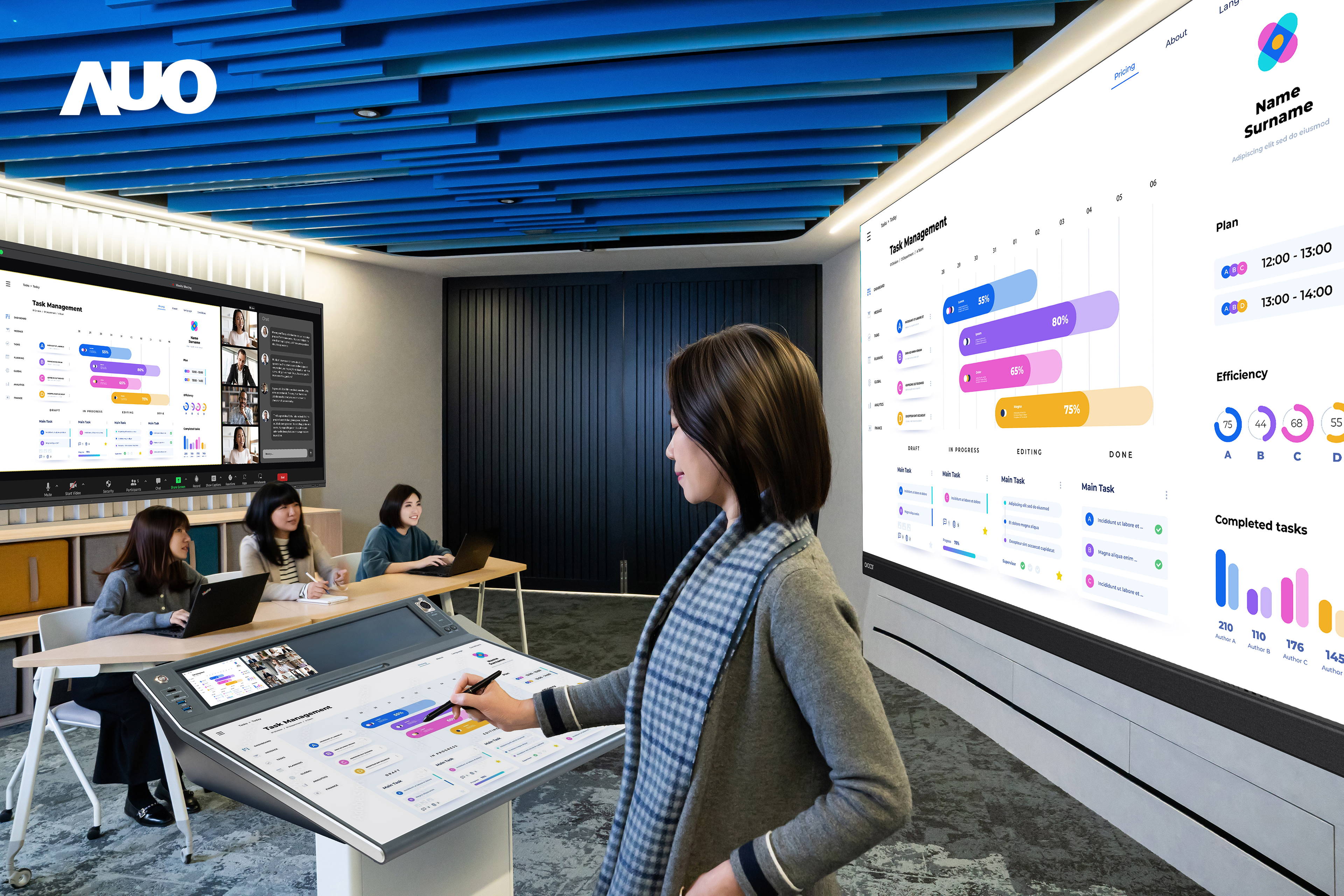 达擎携手Avocor与Rise Vision展示全方位商务领域应用，包含采用模块化设计的138吋一体式All-in-One LED显示器及具21:9超宽比例的92吋交互式电子白板（IFPD），讲者可轻松分享内容，有效提升会议协作效率。